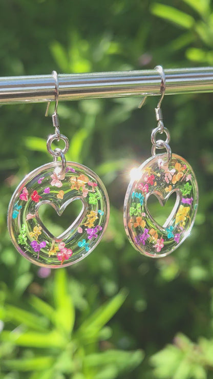 Confetti Heart Real Flower Resin Statement Drop Earrings