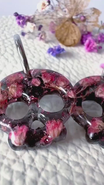 Skull Hoop Resin Earrings with Pink Babies Breath, Pressed Flowers Botanical Jewellery