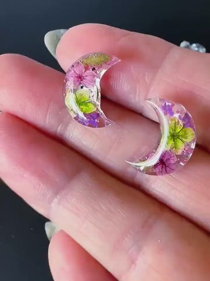 Moon Stud Real Flower Earrings | Celestial Purple Studs | Magical Botanical Jewellery