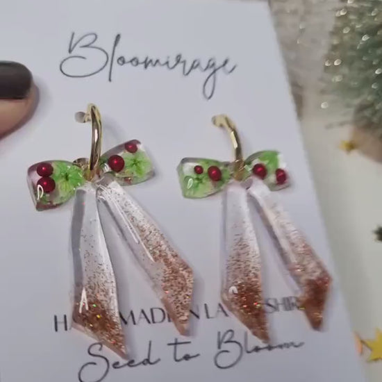 Christmas Bow Hoop Earrings | Bowble Botanical Winter Jewellery | Meaningful Gifts for Her | Red & Green