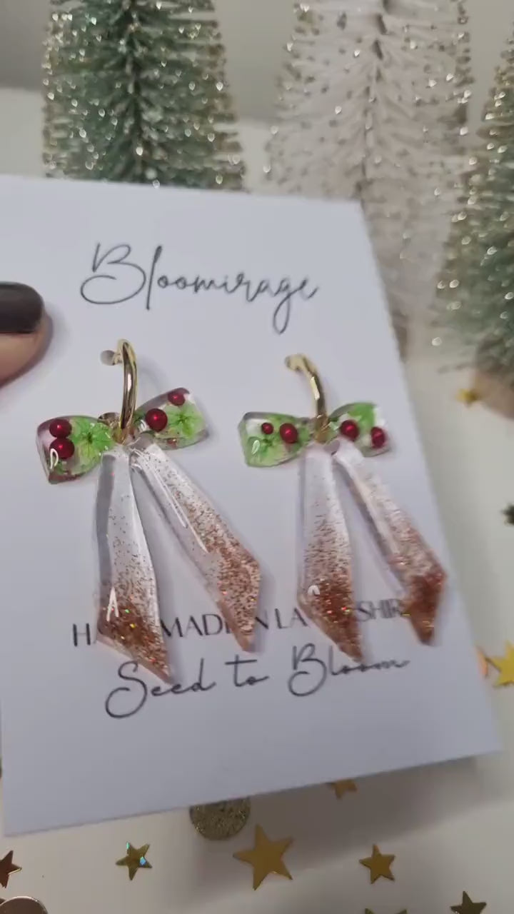 Christmas Bow Hoop Earrings | Bowble Botanical Winter Jewellery | Meaningful Gifts for Her | Red & Green