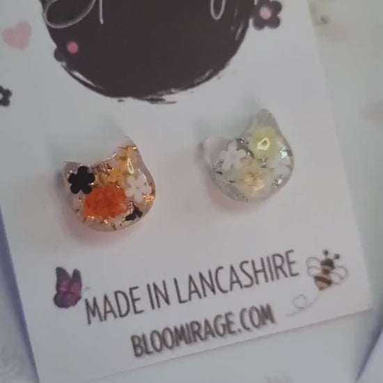 Cat Stud Earrings | Handmade Resin Jewellery | Real Pressed Flower | Feline Lover Gift