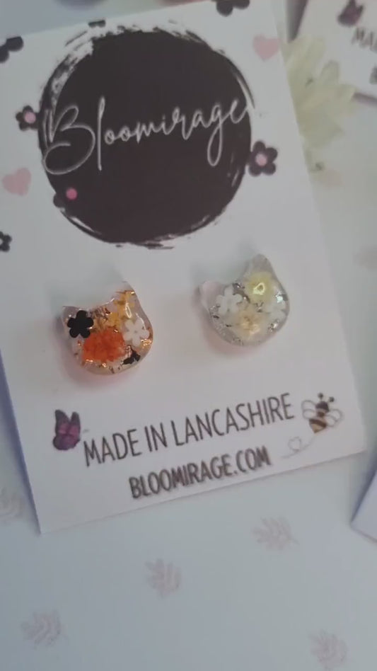 Cat Stud Earrings | Handmade Resin Jewellery | Real Pressed Flower | Feline Lover Gift