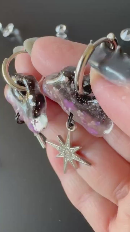 Clouds & Stars Purple Hoop Earrings | Real Pressed Flowers