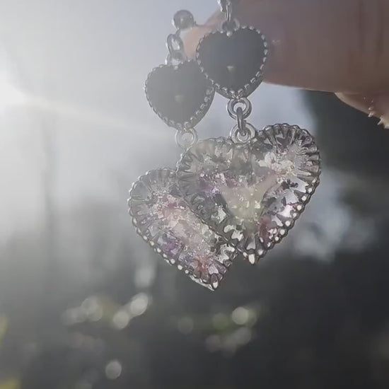 Enchanted Double Heart Resin Earrings | Real Pressed Flowers | Magical & Whimsical Cottage Core Jewellery