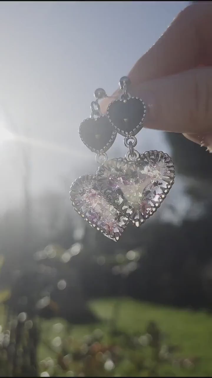 Enchanted Double Heart Resin Earrings | Real Pressed Flowers | Magical & Whimsical Cottage Core Jewellery