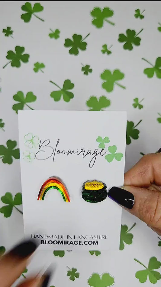 Pot of Gold & Rainbow Mismatch Stud Earrings | St Patricks Day | Irish Theme | Handmade Jewellery