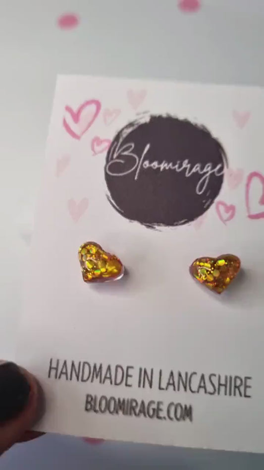 Gold Glitter Love Heart Micro Stud Earrings | Valentines Day | Handmade Jewellery
