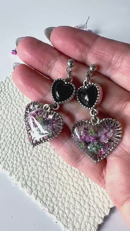 Magical Flower Resin Fairycore Earrings | Unique Double Heart Design with Real Pressed Flowers