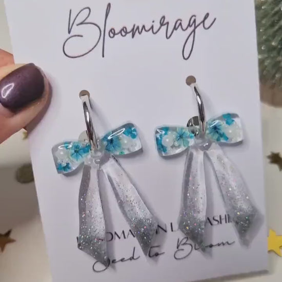Christmas Bow Hoop Earrings | Bowble Botanical Winter Jewellery | Meaningful Gifts for Her | Blue & Silver