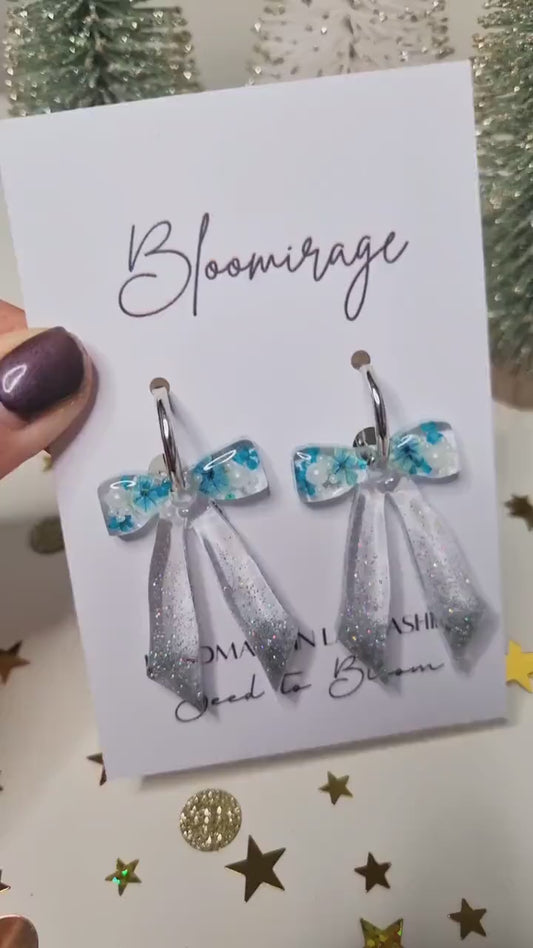 Christmas Bow Hoop Earrings | Bowble Botanical Winter Jewellery | Meaningful Gifts for Her | Blue & Silver