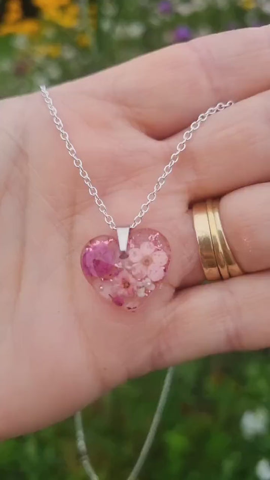 Pressed Flower Heart Pendant Necklace | Valentines Day |Real Pink Flowers | Botanical Resin Jewellery