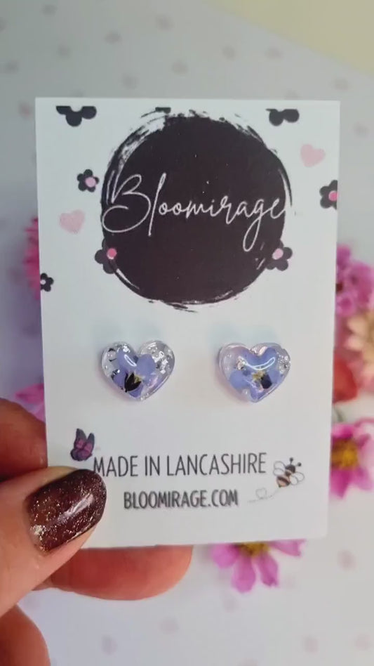 Forget-Me-Not Heart Stud Earrings | Pressed Flower Resin Jewelry | Whimsical Botanical Jewellery | Meaningful Memorial Gift
