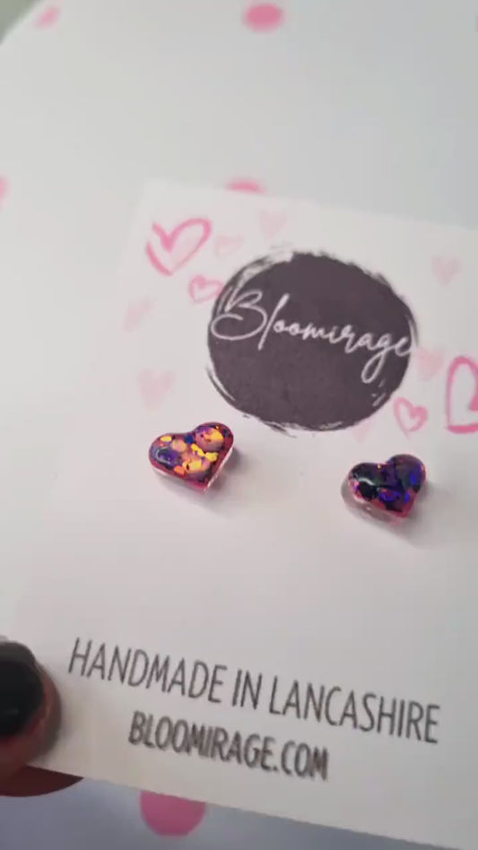 Galaxy Glitter Love Heart Micro Stud Earrings | Valentines Day | Handmade Jewellery
