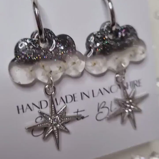 Clouds & Stars Hoop Earrings | Real Pressed Flowers | Whimsical Botanical Jewelry | Fairytale Gift