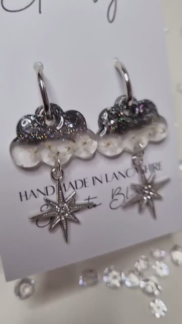 Clouds & Stars Hoop Earrings | Real Pressed Flowers | Whimsical Botanical Jewelry | Fairytale Gift