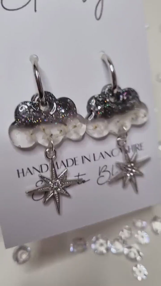 Clouds & Stars Hoop Earrings | Real Pressed Flowers | Whimsical Botanical Jewelry | Fairytale Gift