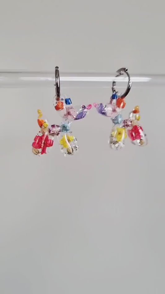 Balloon Dog Hoop Earrings | Real Pressed Flower Resin | Whimsical Jewelry | Pooch Lover Gift