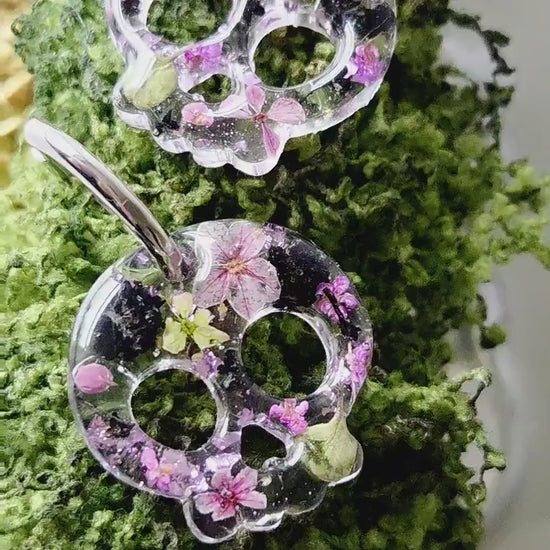 Skull Hoop Resin Earrings | Real Pressed Flowers | Whimsy Botanical Jewelry | Gift for her | Purple