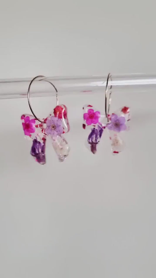 Pink Bow Hoop Earrings | Botanical Resin Jewelry | Real Pressed Flowers | Whimsical Botanical Flower Jewellery