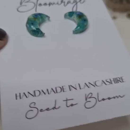 Aqua Moon Handmade Stud Earrings | Whimsical Botanical Jewellery | Meaningful Pressed Flower Gift