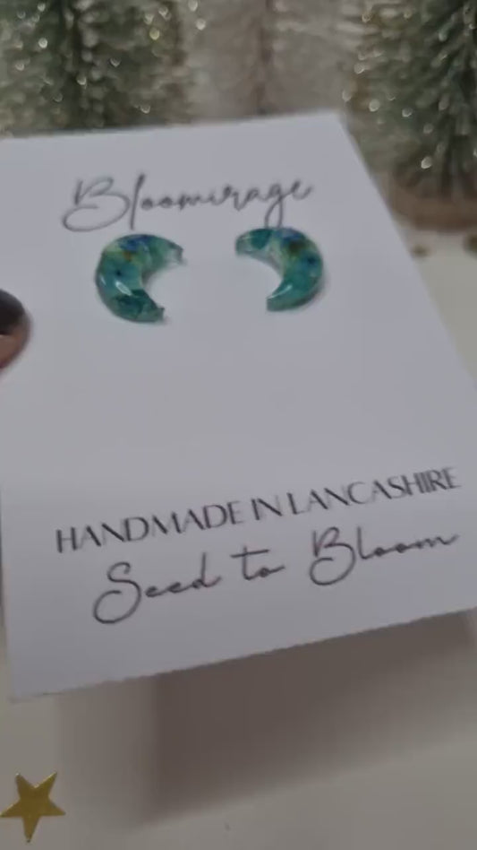 Aqua Moon Handmade Stud Earrings | Whimsical Botanical Jewellery | Meaningful Pressed Flower Gift