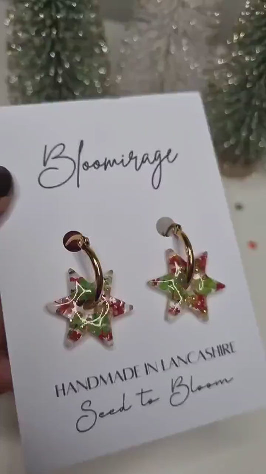 Spinning Star Hoop Earrings | Red & Gold | Whimsical Winter Jewellery | Gift for Her