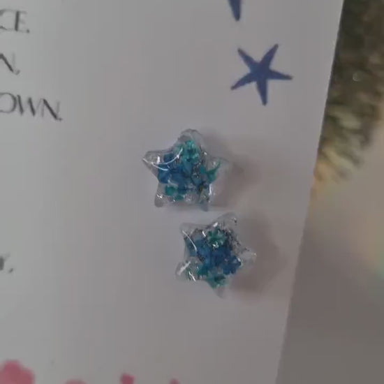 Blue Star Stud Handmade Earrings | Real Flowers, Sparkle | Daughter Gift