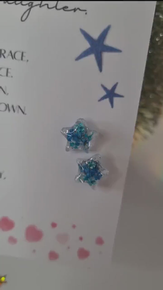 Blue Star Stud Handmade Earrings | Real Flowers, Sparkle | Daughter Gift