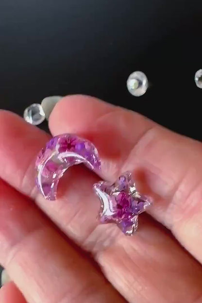 Moon & Star Mismatched Stud Earrings | Celestial Purple Studs | Magical Botanical Jewellery