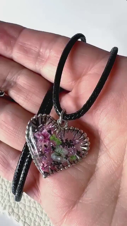 Floral Heart Pendant Necklace | Leather Cord
