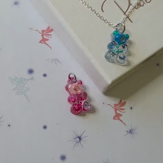 Blue Kawaii Gummy Bear Necklace with Real Dried Flowers | Cute Resin Bear Pendant | Floral Resin Jewellery | Cottagecore Necklace Gift
