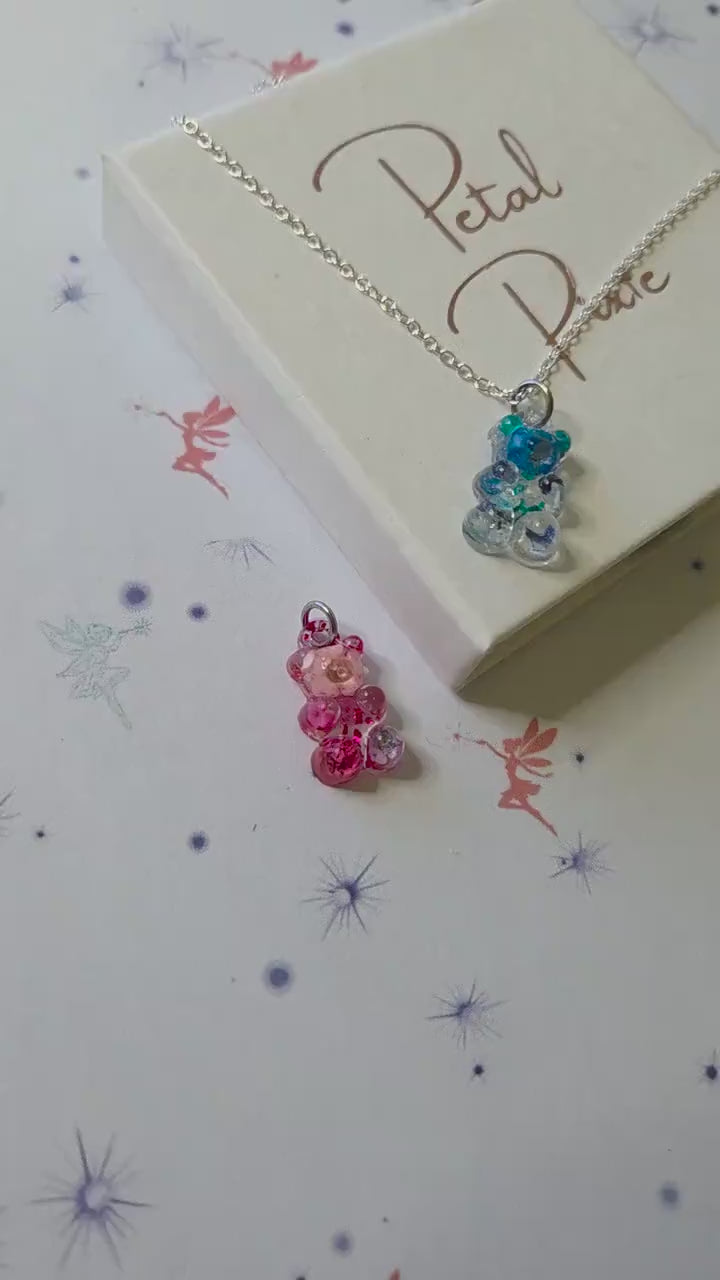 Blue Kawaii Gummy Bear Necklace with Real Dried Flowers | Cute Resin Bear Pendant | Floral Resin Jewellery | Cottagecore Necklace Gift