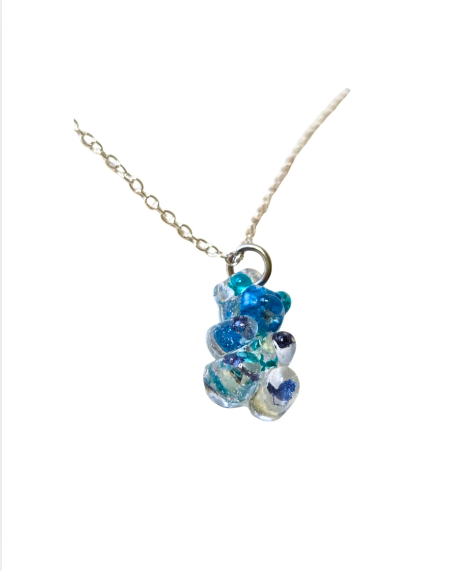 Blue Kawaii Gummy Bear Necklace with Real Dried Flowers | Cute Resin Bear Pendant | Floral Resin Jewellery | Cottagecore Necklace Gift