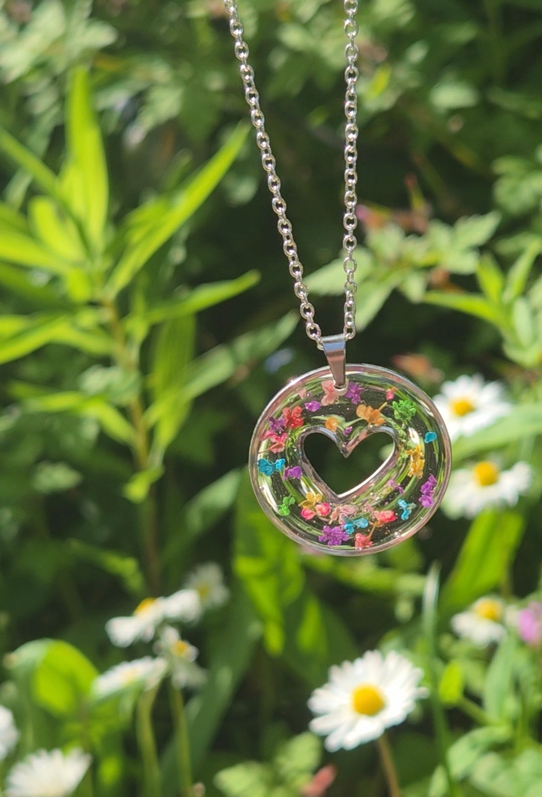Confetti Heart Pendant Resin Necklace Real Queen Annes Lace flowers