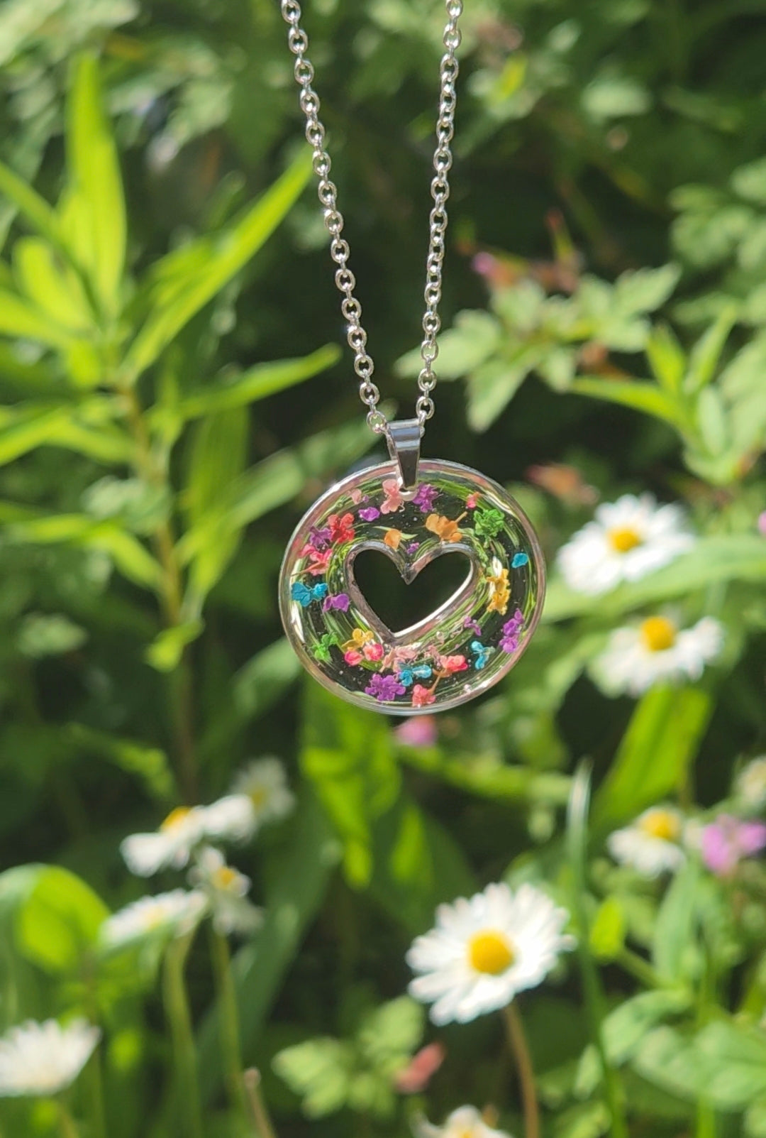 Confetti Heart Pendant Resin Necklace Real Queen Annes Lace flowers