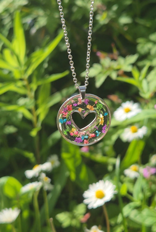 Confetti Heart Pendant Resin Necklace Real Queen Annes Lace flowers