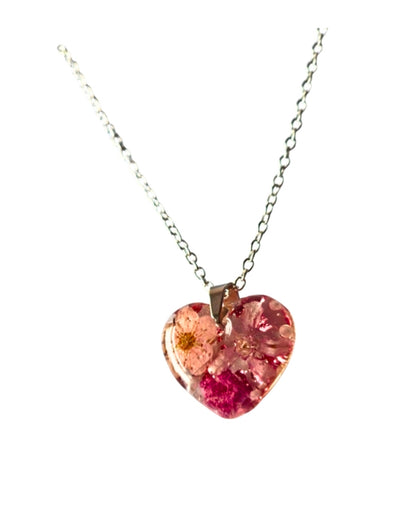 Pressed Flower Heart Resin Pendant Necklace