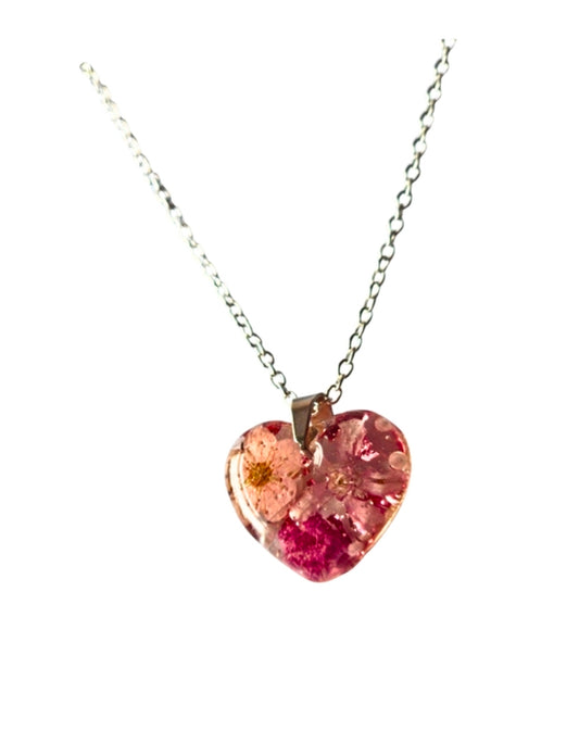 Pressed Flower Heart Resin Pendant Necklace