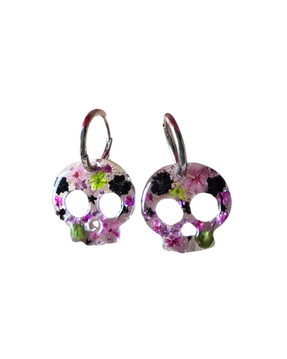 Purple Skull Real Flowers Resin Hoop Earrings