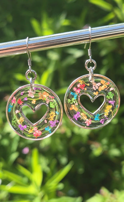Confetti Heart Real Flower Resin Statement Drop Earrings