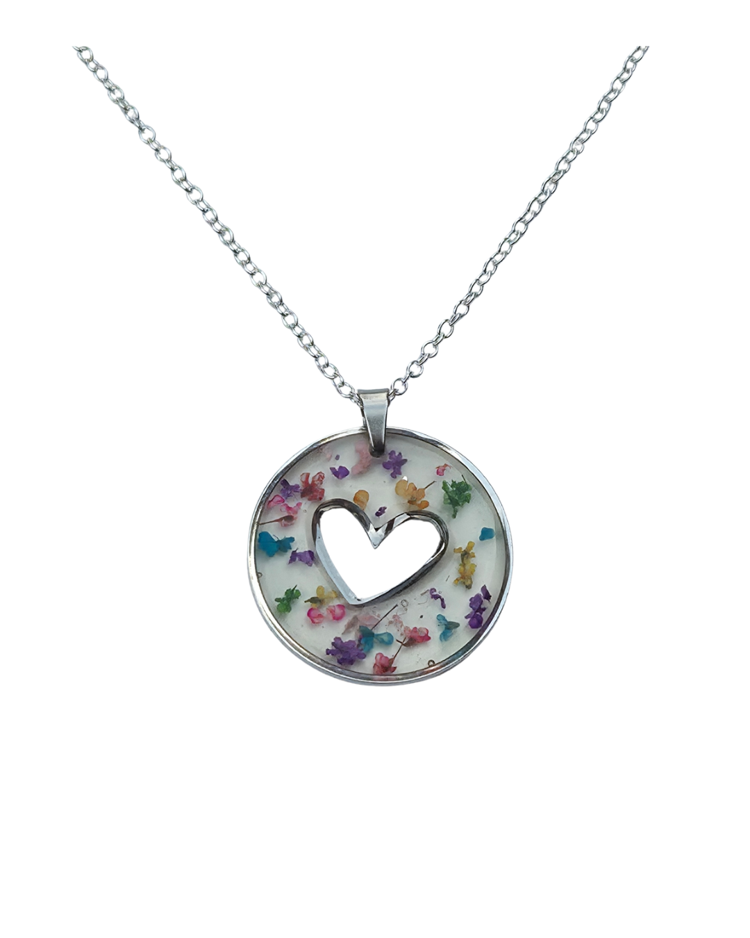 Confetti Heart Pendant Resin Necklace Real Queen Annes Lace flowers