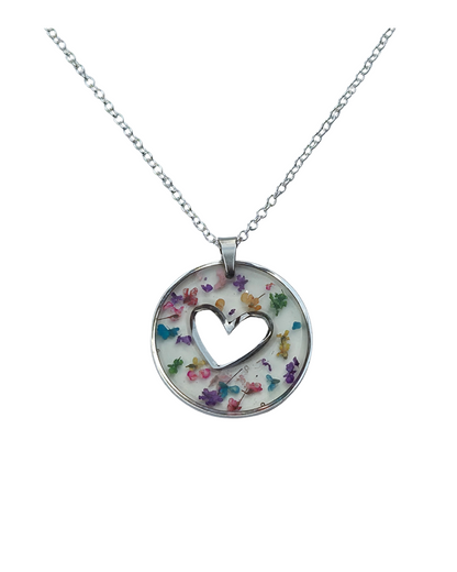 Confetti Heart Pendant Resin Necklace Real Queen Annes Lace flowers