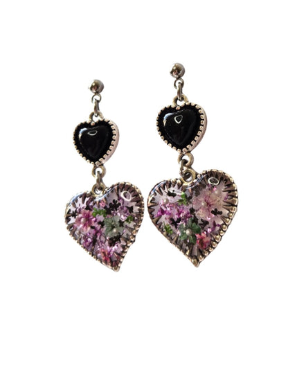 Double Heart Real Flower  Resin Earrings | Magical & Whimsical Cottage Core Jewellery