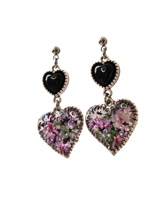 Double Heart Real Flower  Resin Earrings | Magical & Whimsical Cottage Core Jewellery