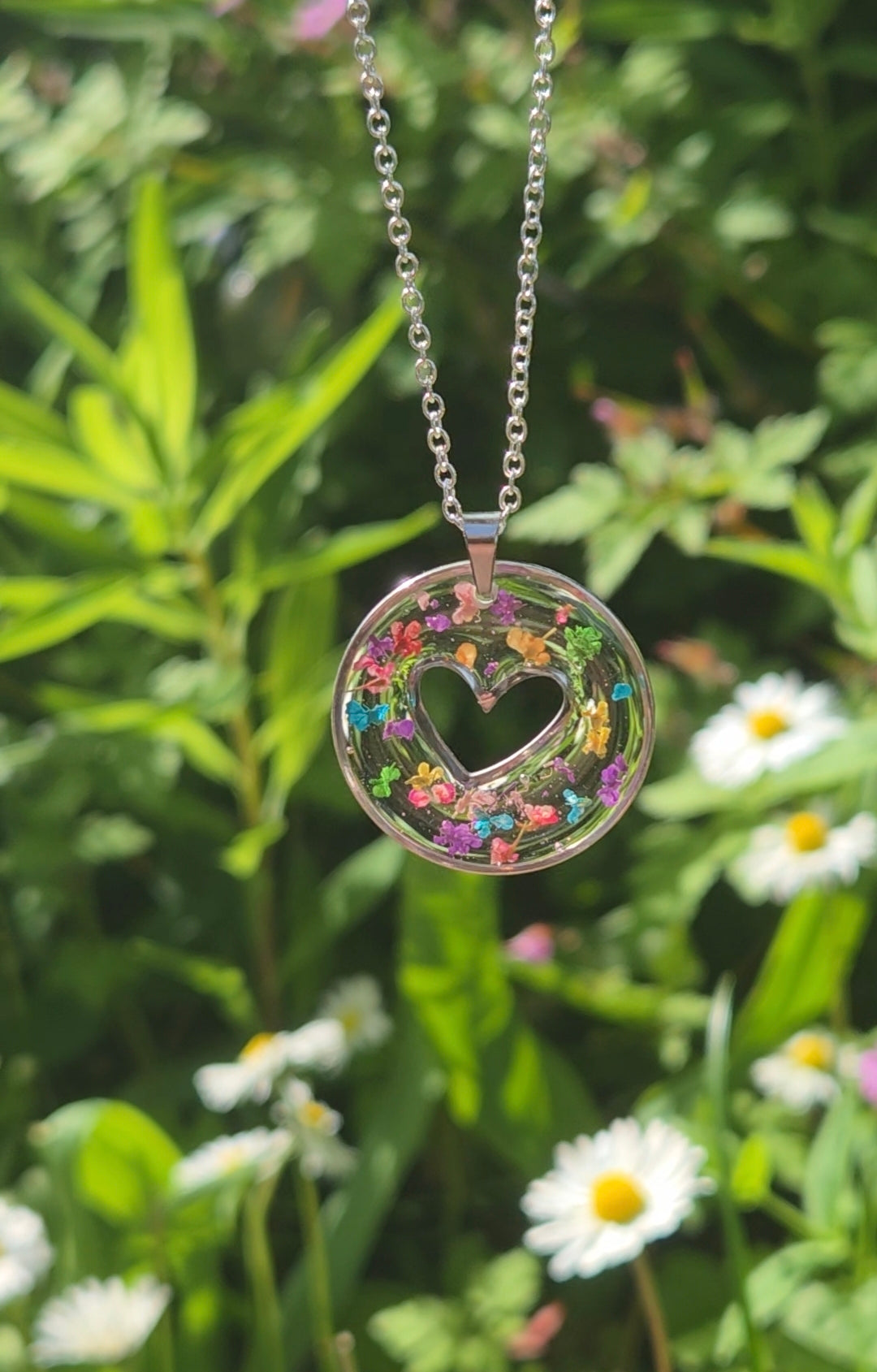 Confetti Heart Pendant Resin Necklace Real Queen Annes Lace flowers