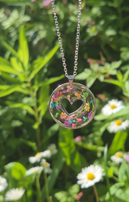 Confetti Heart Pendant Resin Necklace Real Queen Annes Lace flowers