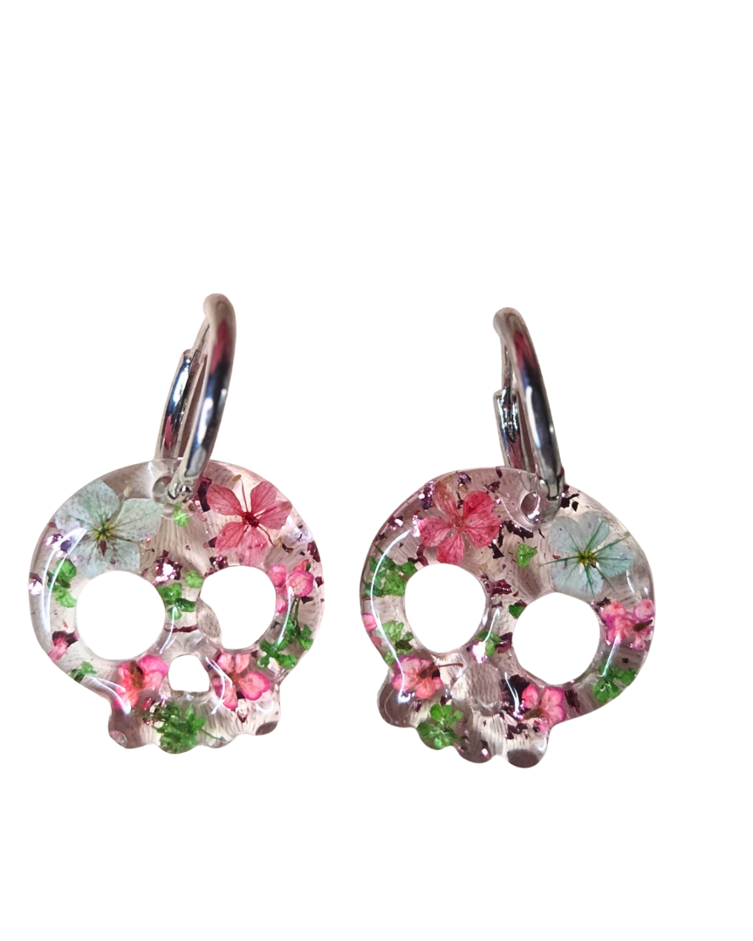 Pink Skull Real Flower Resin Hoop Earrings