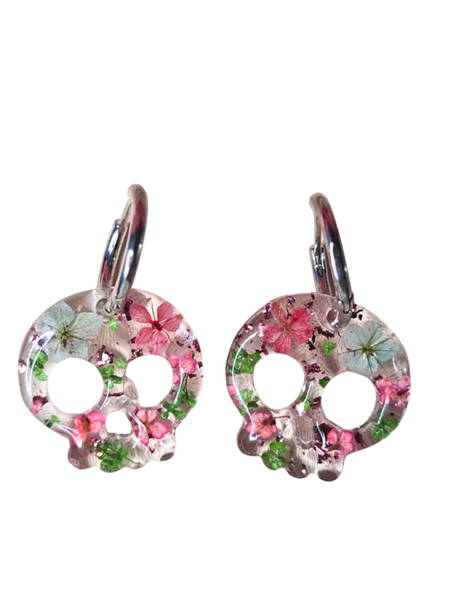 Pink Skull Real Flower Resin Hoop Earrings