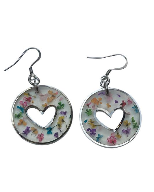 Confetti Heart Real Flower Resin Statement Drop Earrings